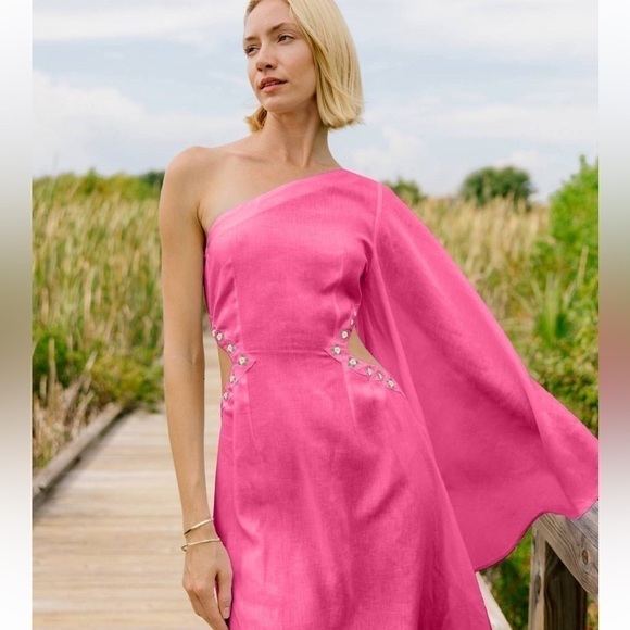 Fanm Mon Amarya One-Shoulder Bell Sleeve Side Cut Out Floral Embroidered Dress - Picture 2 of 16